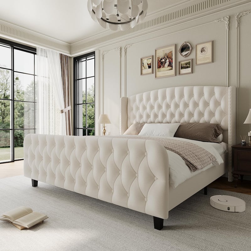 51" Tall Queen Size Bed Frame with Deep Button Tufted Wingback Headboard and Footboard - Beige - King