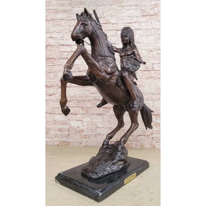War Chief Native American Bronze Statue Sculpture Western Art Marble Base 24 Inches X 23 Inches