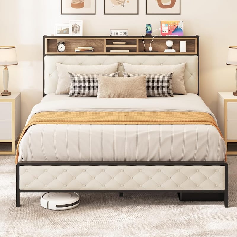 Queen Size Bed Frame, Platform Bed Frame with Charging Station, Upholstered Storage Headboard & Footboard Metal Slats Supports