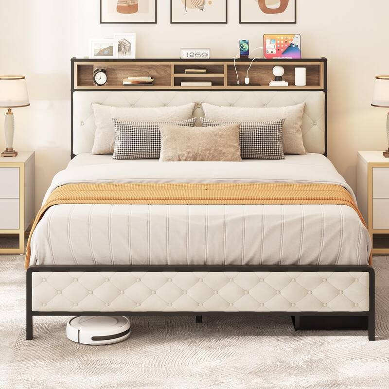 Queen Size Platform Bed Frame with Charging Station, Upholstered Storage Headboard & Footboard, No Box Spring Needed, Beige