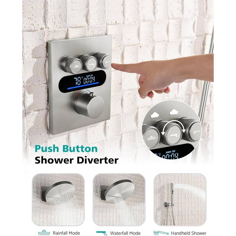 Lefton Shower System in Fahrenheit Display, 13” Overhead Shower Head with All-in-one Handheld Spray Showerhead, SSWM2501