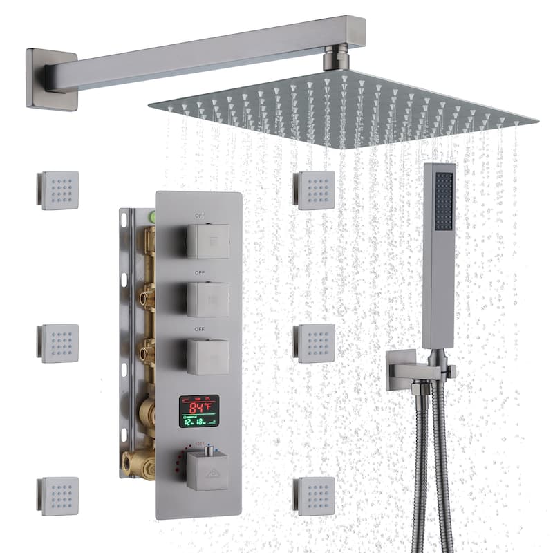 CASAINC 12 Inch Wall Mounted Square Shower Head Shower System with Handheld Shower Body Digital Display Shower 6 Body Jet
