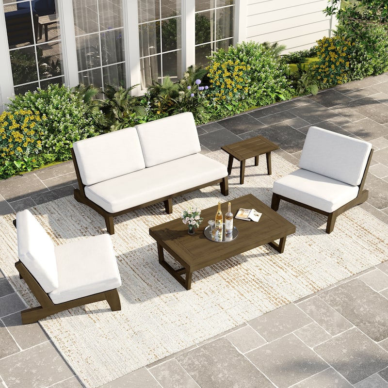 Casual Teak Wood 5-Piece Outdoor Patio Conversation Set - Natural Wood - Beige