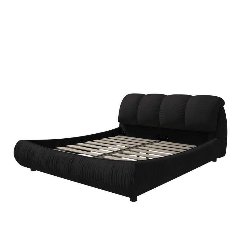 King Size Luxury Upholstered Platform Bed with Oversized Padded Backrest and Solid Wood Frame