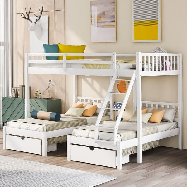 slide 2 of 9, Modern Pine Wood Frame Full Over Twin & Twin Bunk Bed, Wood Triple Bunk Bed with Drawers and Guardrails White
