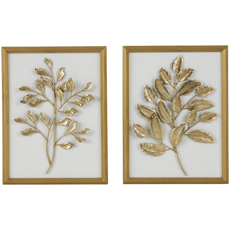 Wood Leaf 3D Home Wall Decor with Beveled Frame - Set of 2 Gold - Roche River Decor - Gold