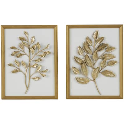 Wood Leaf 3D Home Wall Decor with Beveled Frame - Set of 2 Gold - Roche River Decor