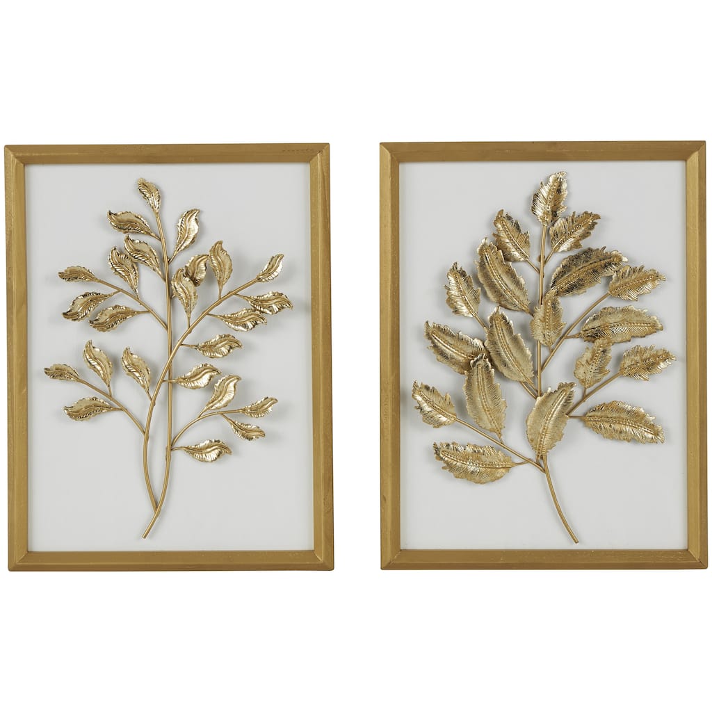 Wood Leaf 3D Home Wall Decor with Beveled Frame - Set of 2 Gold - Roche River Decor