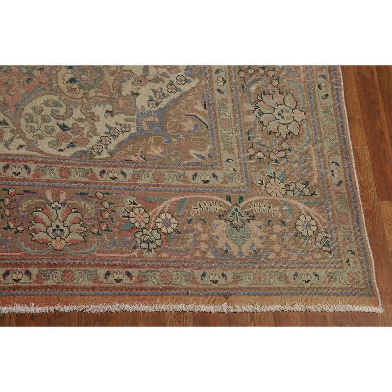 Distressed Floral Tabriz Persian Area Rug Handmade Wool Carpet - 9'10" x 12'9"