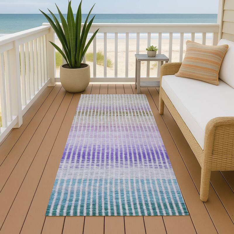 Machine Washable Indoor/ Outdoor Contemporary Stripes Chantille Rug - Teal - 2'3" x 7'6"
