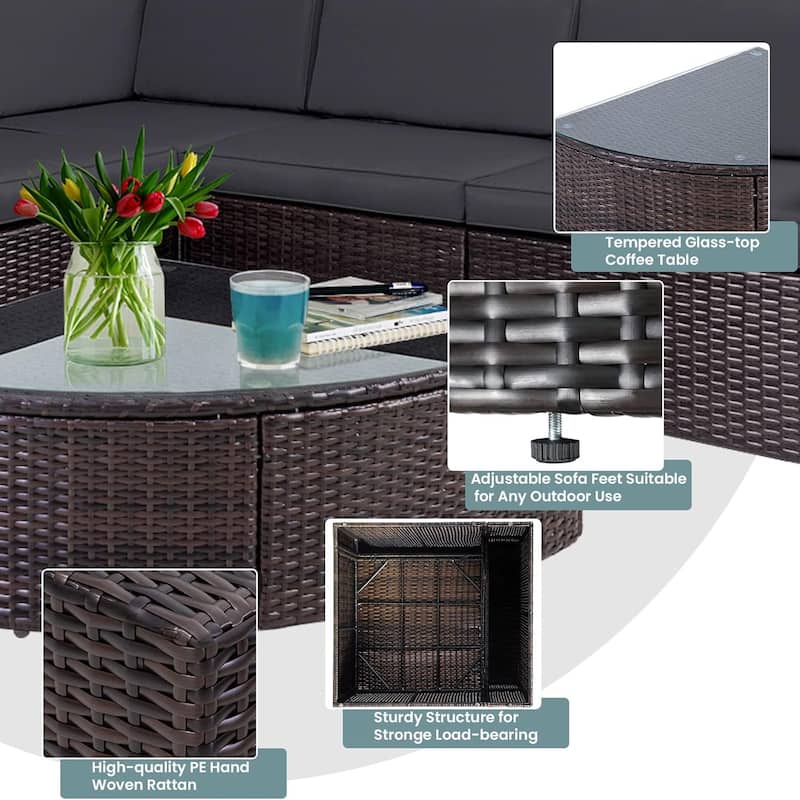 Suncrown Outdoor 6-piece Brown Rattan Sectional Sofa Set with Table