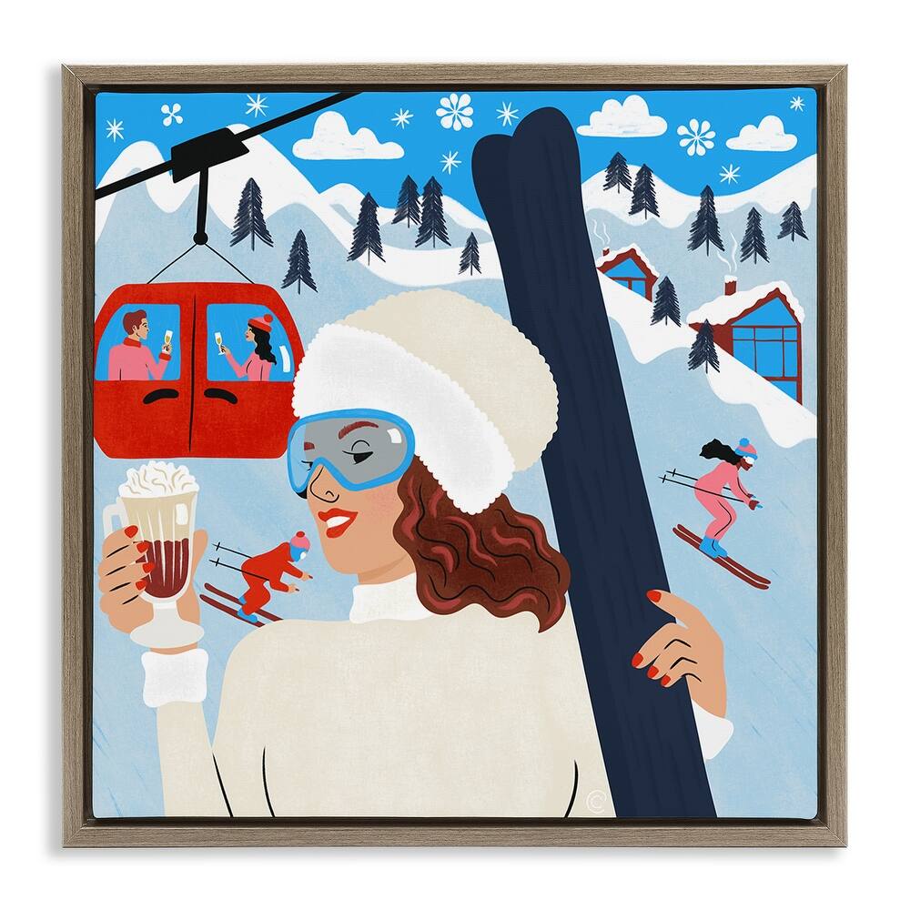Stupell Sipping Cocoa on Ski Lift Framed Floater Canvas Wall Art Design By Carrie Cantwell