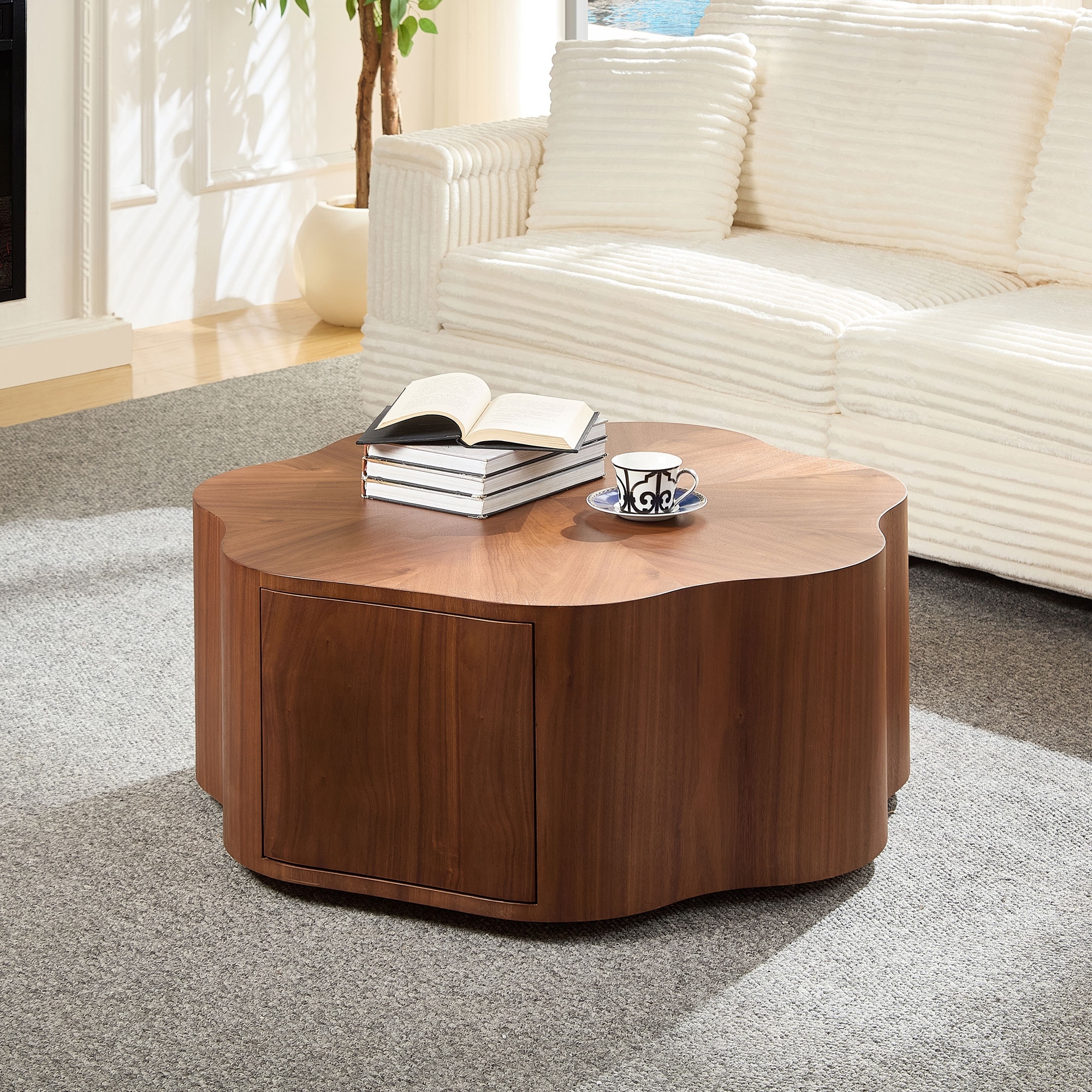 35.43" Petal-shaped Round Coffee Table – Compact Small Design With Hidden Drawer; Walnut Color.