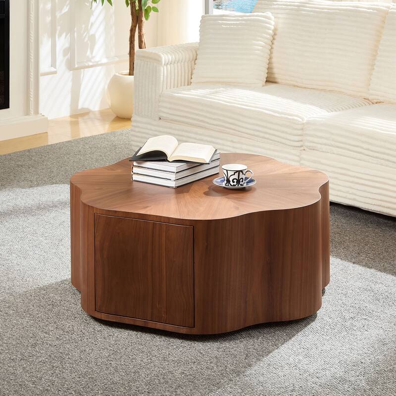 Modern Petal Shaped Coffee Table Stylish Round Coffee Table with Hidden Drawers, for Living Room, Walnut Color