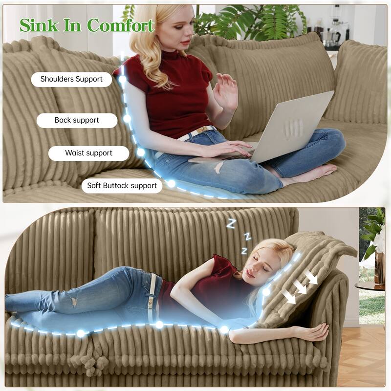 Slipcovered Corduroy 2-Seater Sofa Couch with Convertible Ottoman & Soft Big Pillows