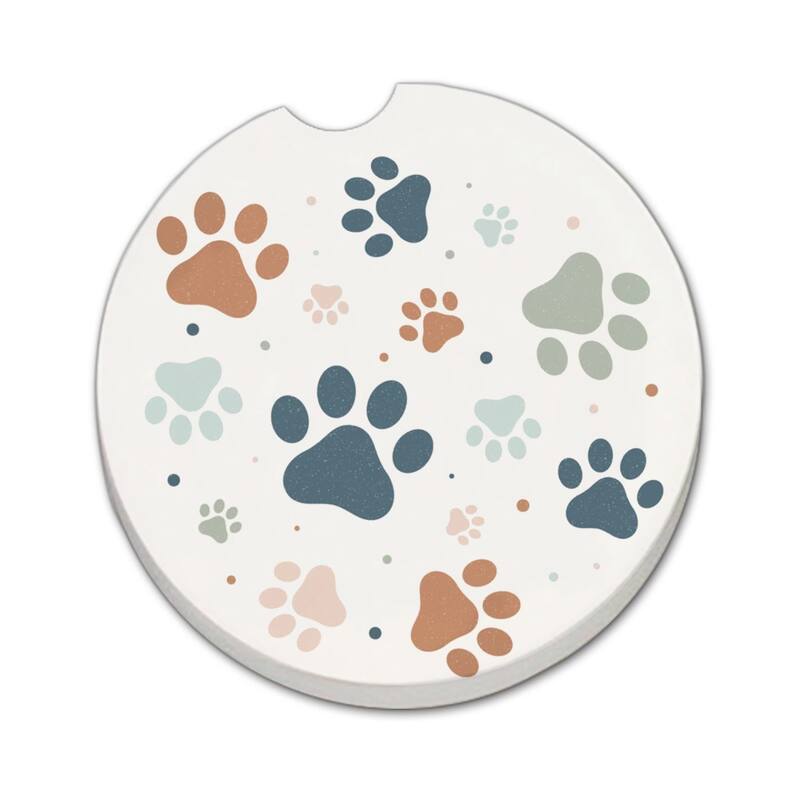 Paw Prints 2 Pack Absorbent Stone Coaster for Vehicle Cup Holder 2.6” Diameter Manufactured in The USA - Multi