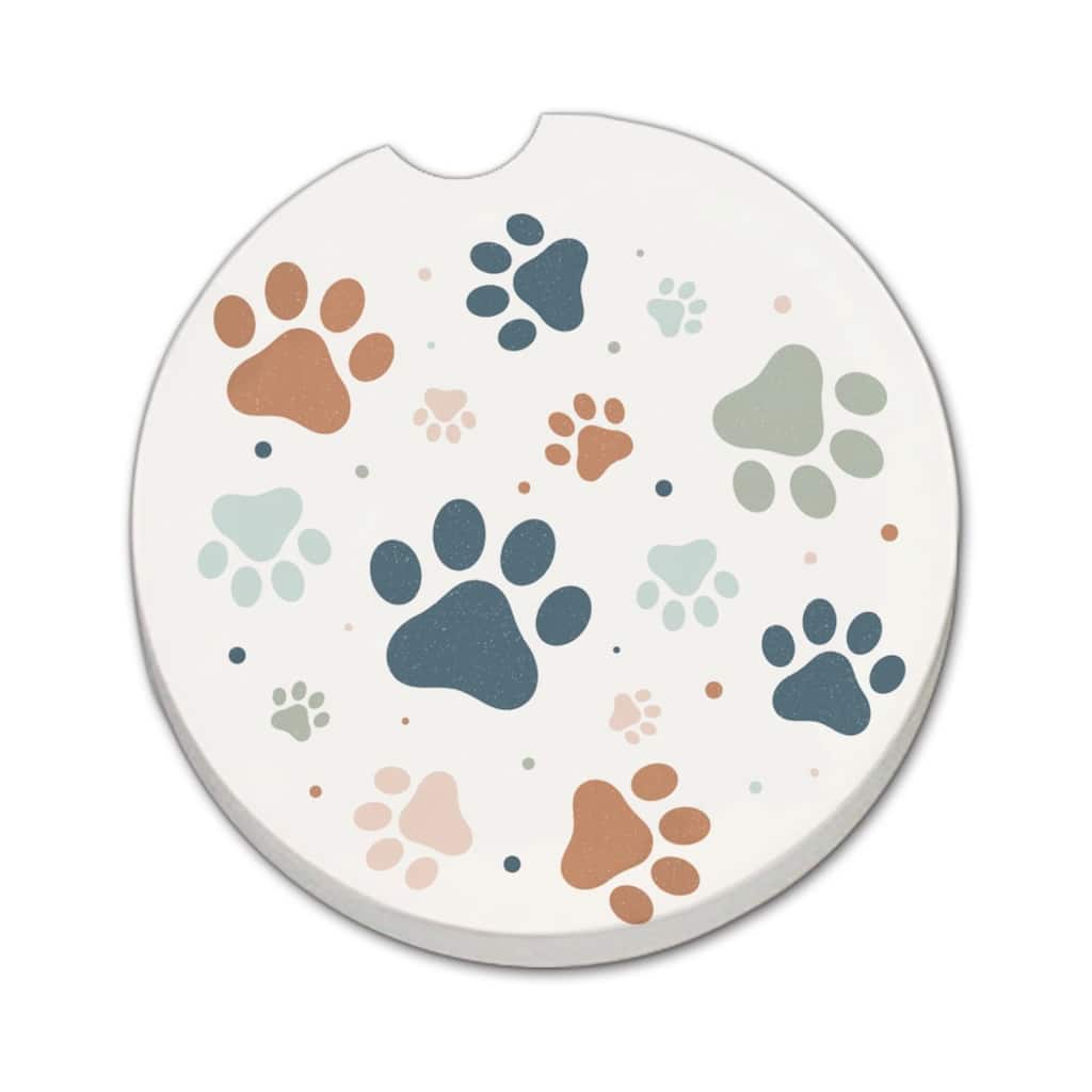 Paw Prints 2 Pack Absorbent Stone Coaster for Vehicle Cup Holder 2.6” Diameter Manufactured in The USA