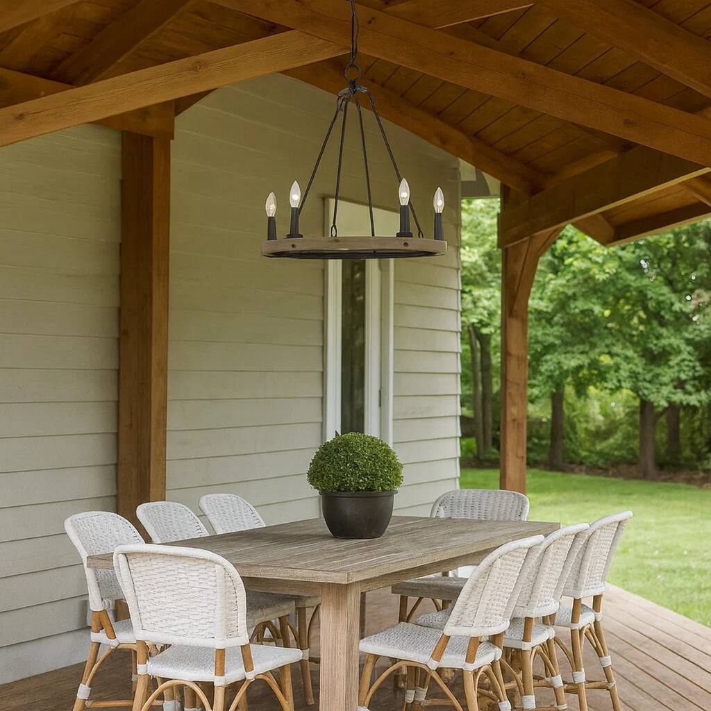 Stomy 23 Inch Chandelier, Brown Wood Wheel Design, Black Metal Chain