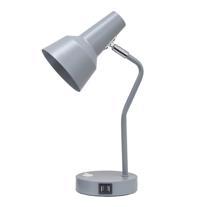 Modern Metal Gooseneck Desk Lamp with Dual USB Charging Ports Adjustable Arm Multiple Colors - 7.8" (L) x 5.2" (W) x 15.2" (H) - Gray