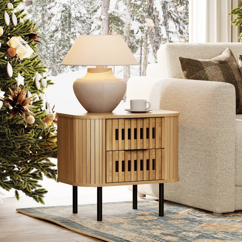 WAMPAT Fluted Nightstand with 2 Drawers,Wood End Table for Bedroom, Living Room