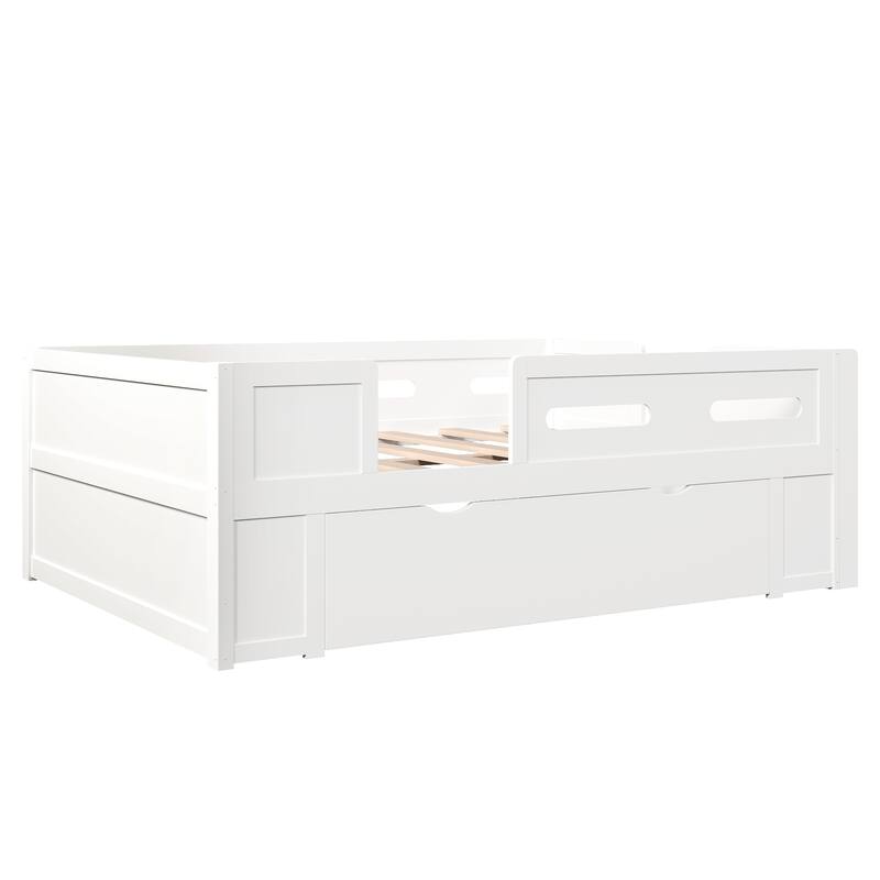 Roomfitters Full/Twin Size Wood Platform Bed with Underbed Storage Drawer and Safety Guardrails, Modern Low Loft Frame