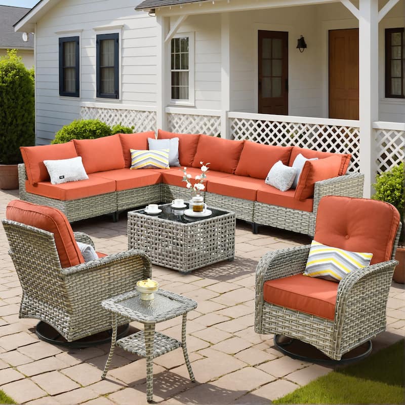 OVIOS 10 Pieces Outdoor Wicker Swivel Chair Set With Solar-Powered Coffee Table