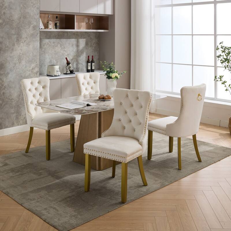 Nikki Collection Modern, Contemporary Velvet Upholstered Dining Chair with golden Wood Legs Nailhead Trim 2-Pcs Set