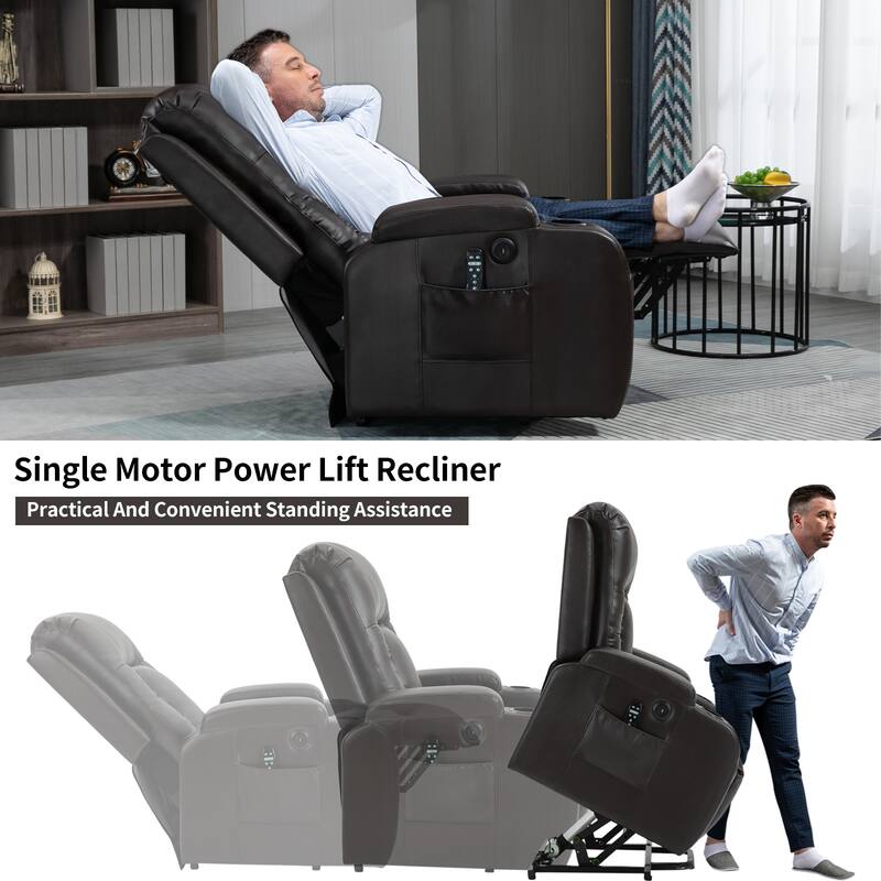 Black Power Lift Recliner with Massage, Lumbar Heat, USB, and Cup Holders