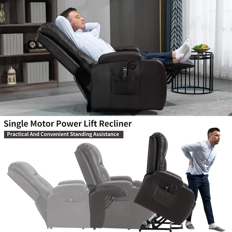 Black Power Lift Recliner with Vibration Massage, Lumbar Heat, USB Port, and Cup Holders for Senior Comfort
