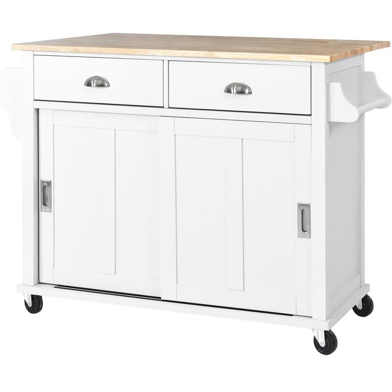 Kitchen Cart,Kitchen Island with Wood Drop-Leaf Countertop,Sliding Barn Door Adjustable Height, Wheels,Cabinet and 2 Drawers