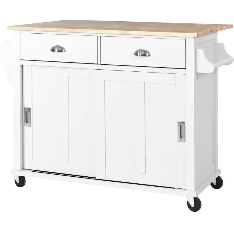 Kitchen Cart with Rubber wood Drop-Leaf Countertop, sliding barn door