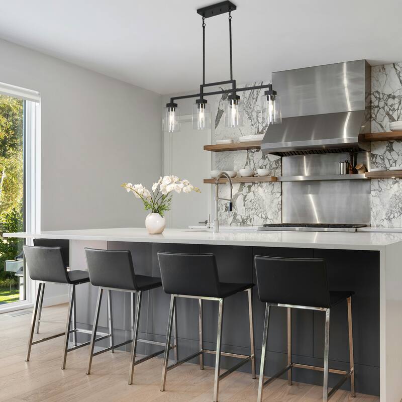 Mid-Century Modern 4-Light Black Chandelier Glass Island Lights for Dining Room - L 34.4" x D 4.3" x H 12"