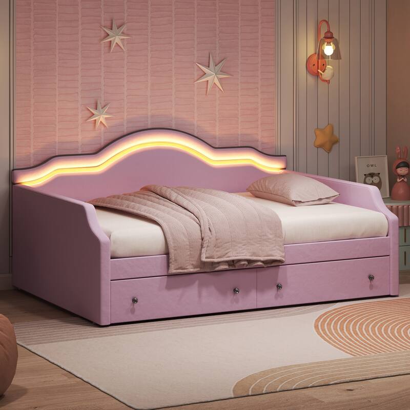 Full Size Upholstered Daybed with LED Lights and 2 Storage Drawers - Modern Fabric Sofa Bed - Pink