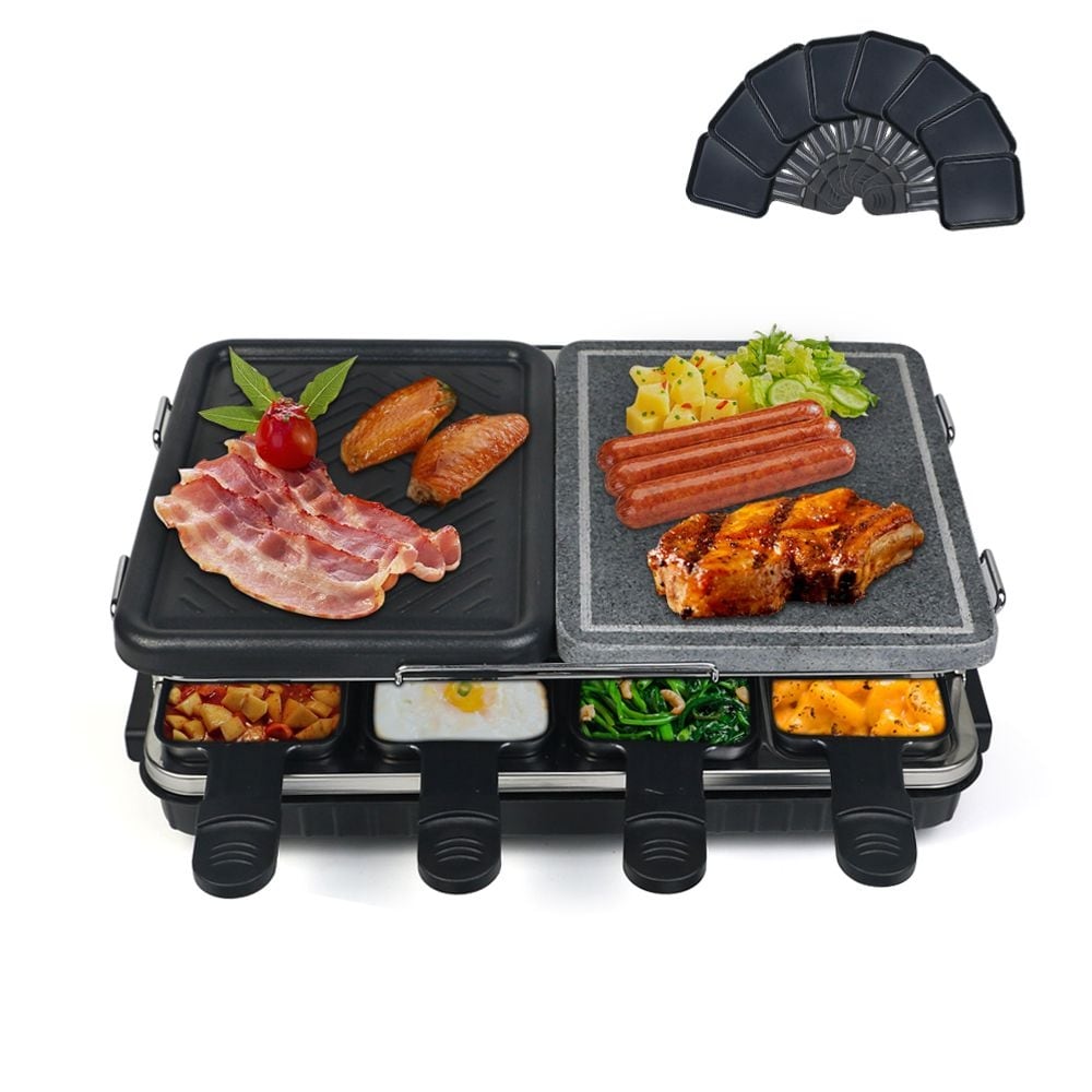 8 Person Dual Raclette Table Grill w Non Stick Grilling Plate