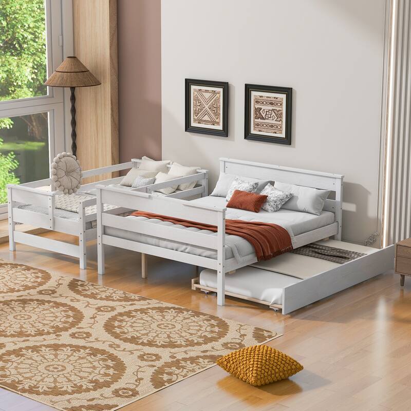 Twin over Full Solid Wood Bunk Bed Slat Support Full Length Guardrail Up Bed Separable Bed Frame with Drawer or Trundle