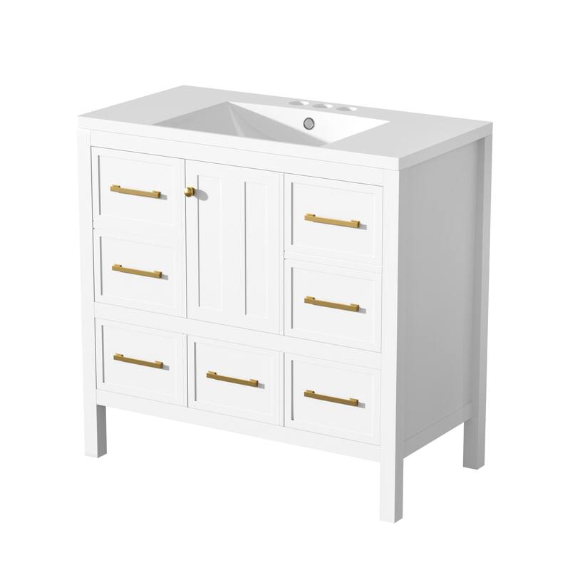 Freestanding Vanity for Bathroom with Resin Sink, Storage Cabinet with 5 Drawers, Soft Closing Doors and Gold Metal Handles