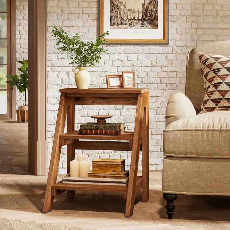 Solid Wood End Table with Storage Shelves, 3-Tier Ladder Shape Side Table