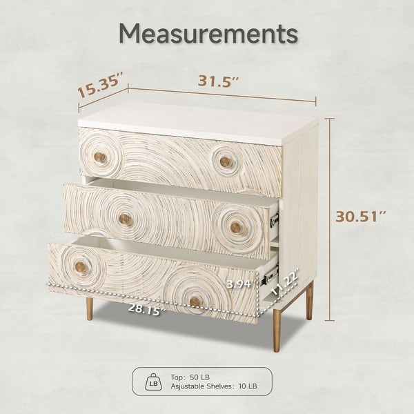 dimension image slide 0 of 2, COZAYH Farmhouse Embossed 3 Drawer Dresser with Ring Motif, Distressed Boho Nightstand for Bedroom, Living Room, French Country