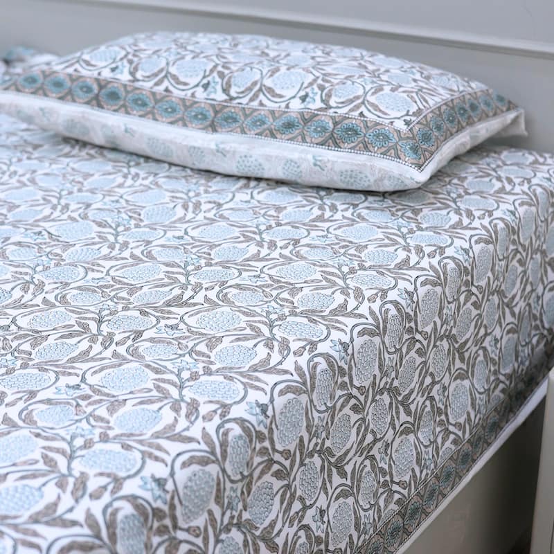 Fabdivine Cotton Hand Block Floral Flat Sheet Bed Room Home Décor Accent Gift - Meraki- Dark Brown, Blue - Full