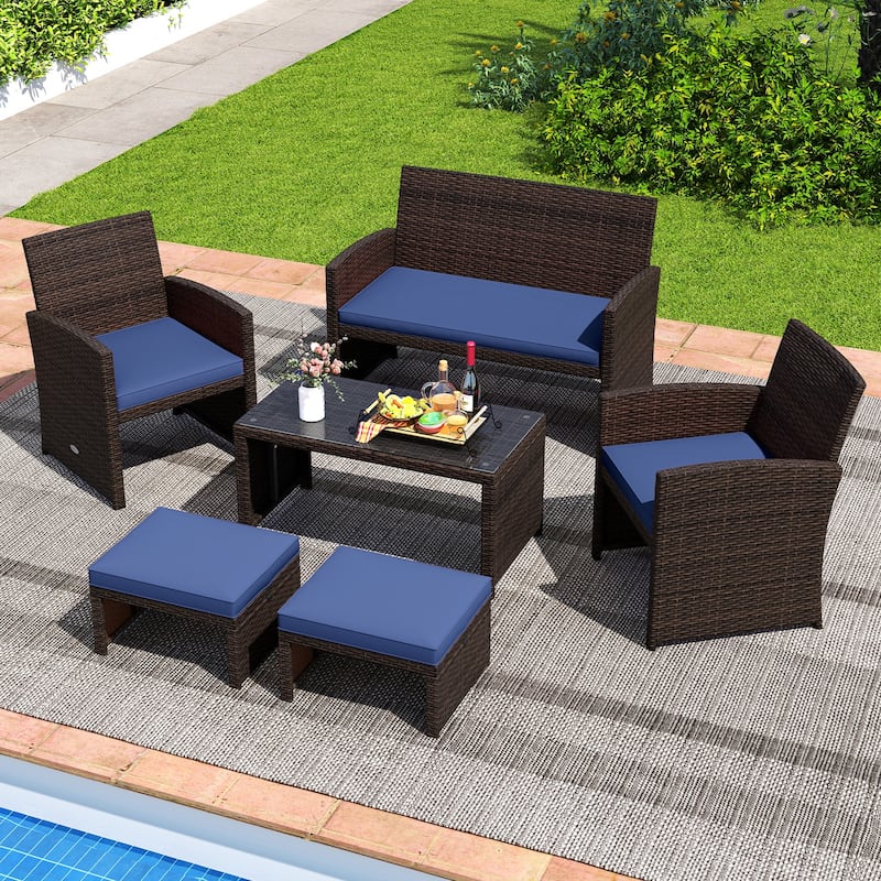 Set of 2 Outdoor Rattan Footstools Ottomans with Cushions for Patio Decor or Garden Seating - 16" L x 19" W x 9.5" H