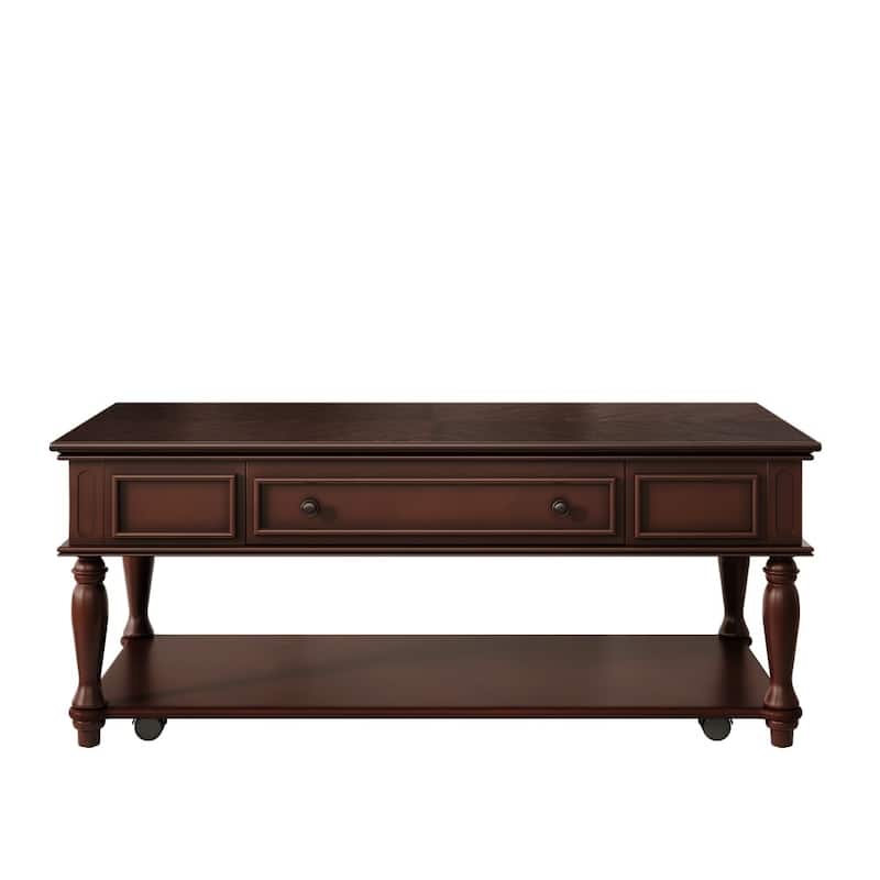 Farmhouse Coffee Table with One Drawer,Solid Wood Legs and Lockable Wheels