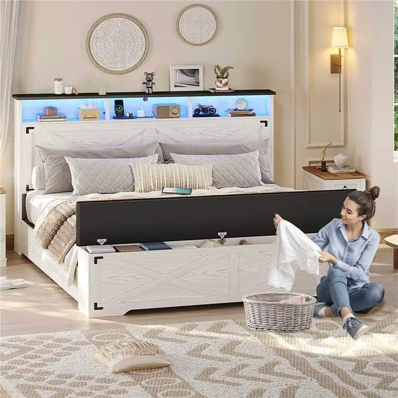 Bed Frame with Storage Ottoman Charging Station and Led Light
