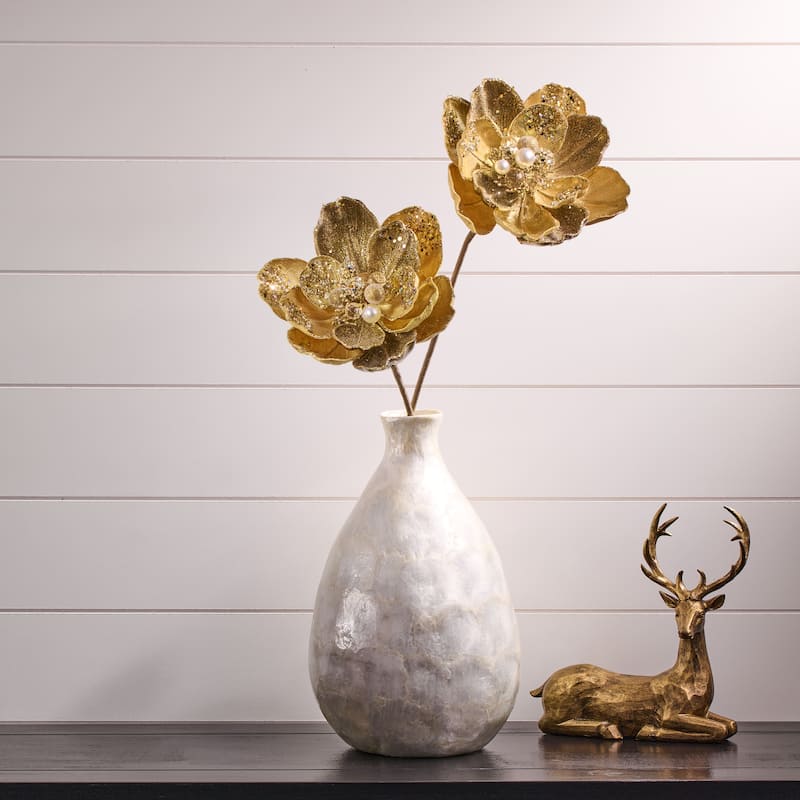 24" Iced With Jewel Encrusted Magnolia Stem - Gold