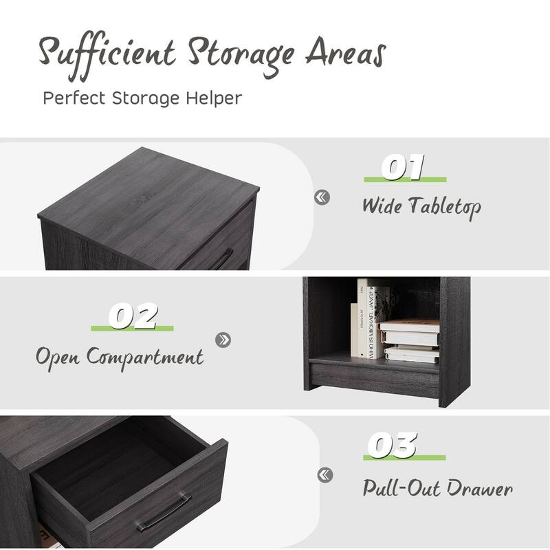 Gymax 2PCS Nightstand with Drawer Storage Shelf Wooden End Side Table