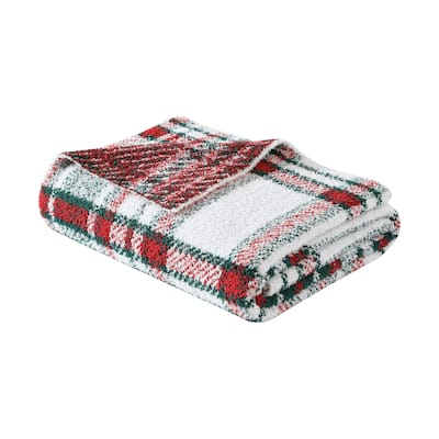 Nautica Emmet Plaid Feather Knit Red Throw Blanket