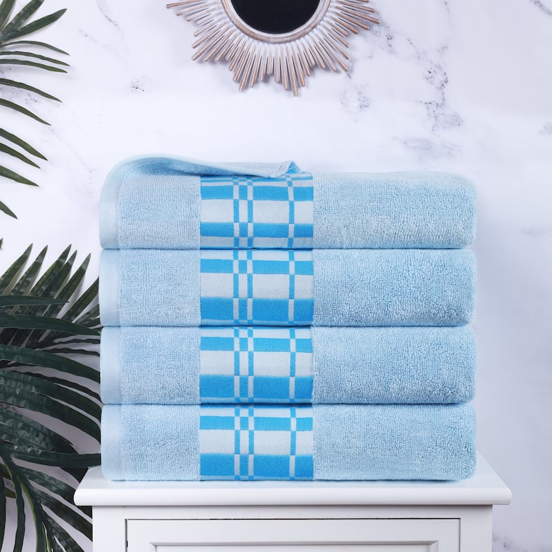 Superior Larissa Cotton Embroidered Geometric Border Bath Towel Set of 4 - Light Blue