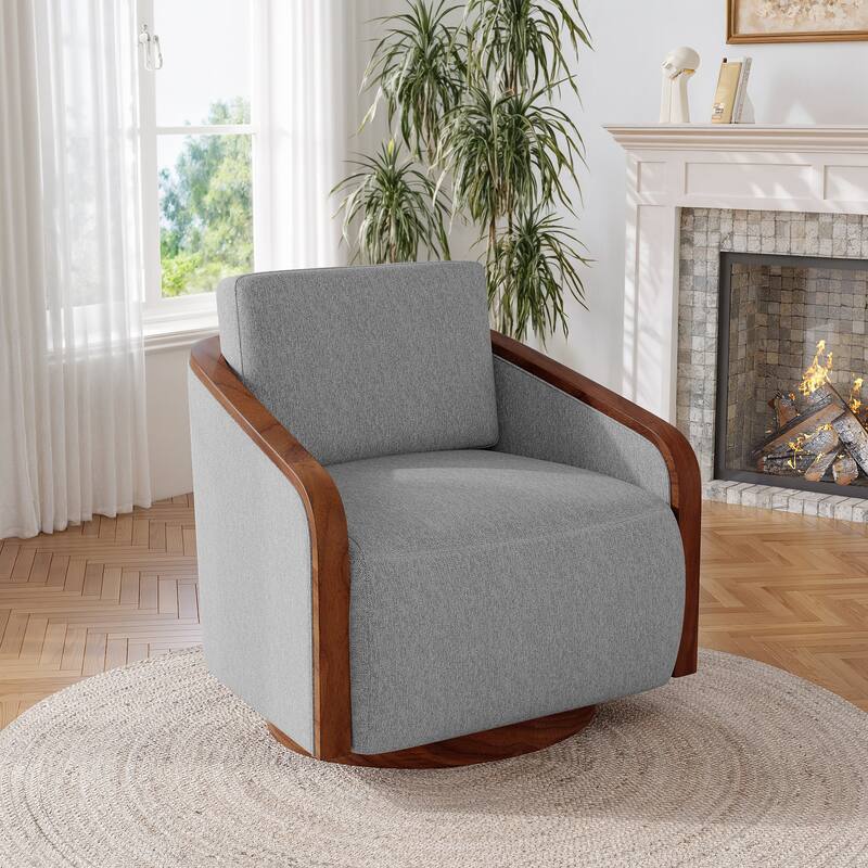 Upholstered Swivel Barrel Chair with Curved Wood Arms - LIGHT GREY