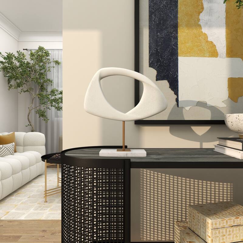 White Polystone Cut-Out Abstract Decorative Sculpture with Marble Stand