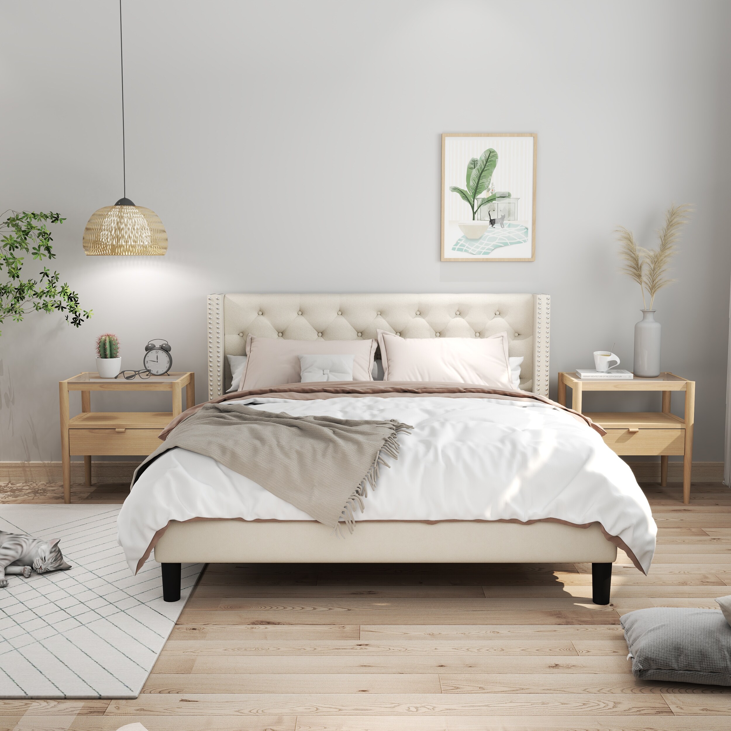 Full Size Bed Frame with Upholstered Headboard Strong Frame On