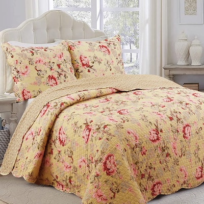Porch & Den Gladiola Pink Rose Cottage Cotton Quilt Bedding Set